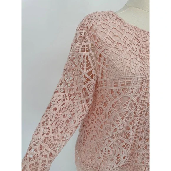 Ultra Pink Lace Sheer Blouse Long Sleeve Round‎ Neck Women's Size M - Picture 4 of 7